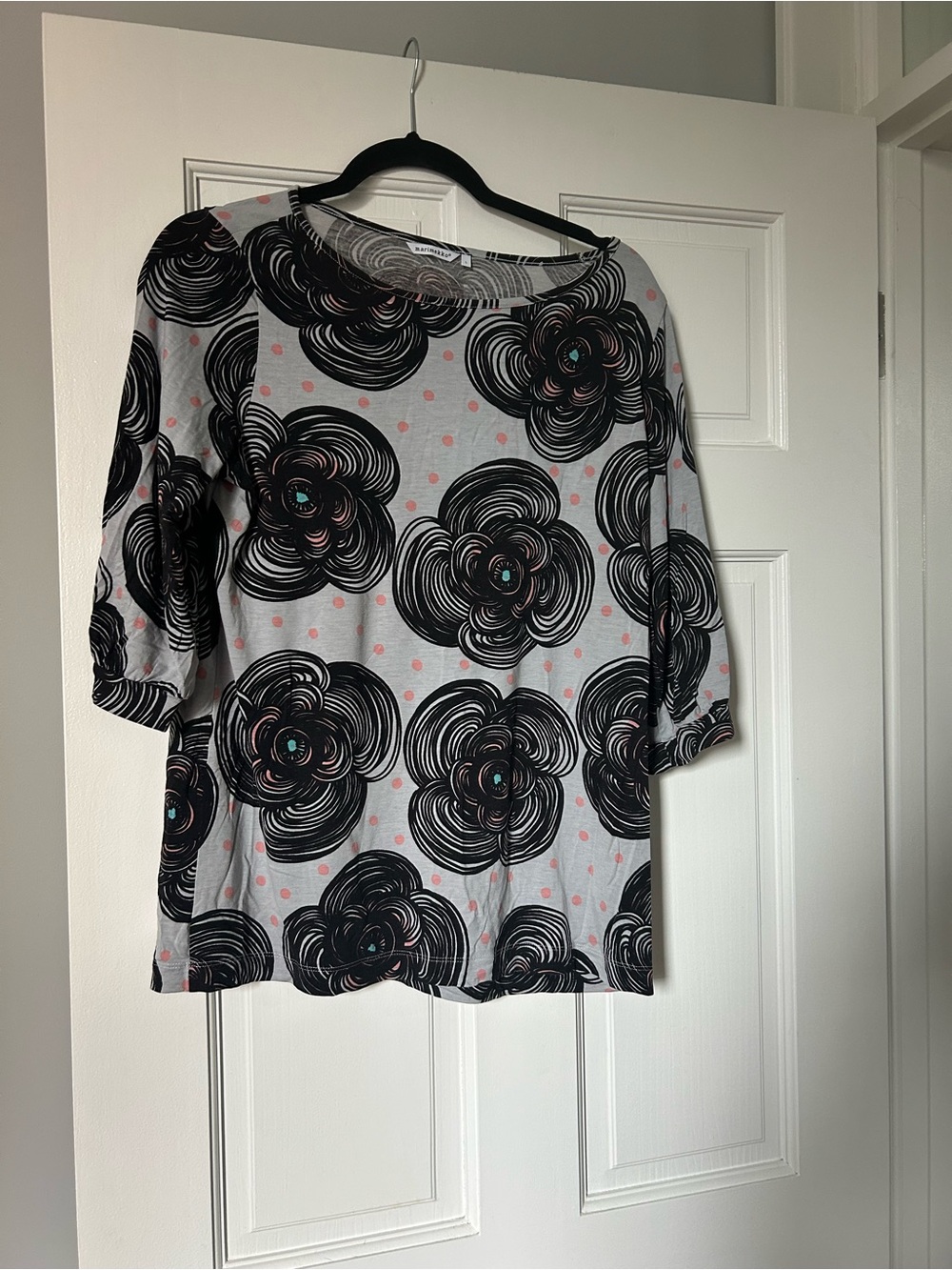 Marimekko Large Light Blue Top with Black Floral Motif and Pink Dot Accents